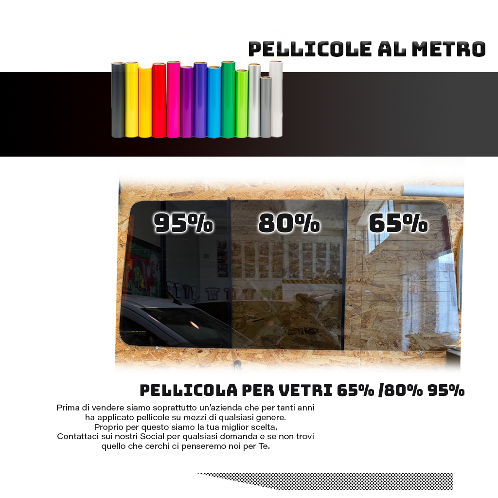 Pellicola Vetri Auto H76 cm – 65% Chiara / 80% Fumé / 95% Limousine – Vendita al Metro