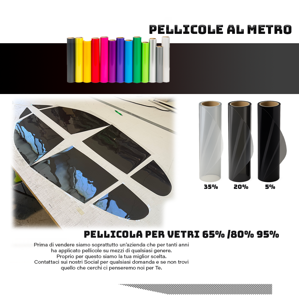 Pellicola Vetri Auto H76 cm – 65% Chiara / 80% Fumé / 95% Limousine – Vendita al Metro