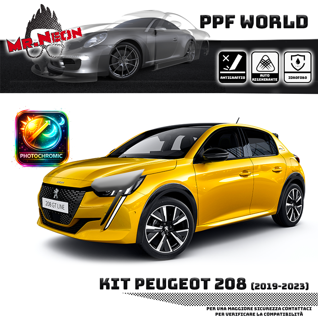 Kit Pellicola Protettiva Fari Peugeot 208 2019-2023 – PPF Trasparente o Fotocromatico Pretagliato