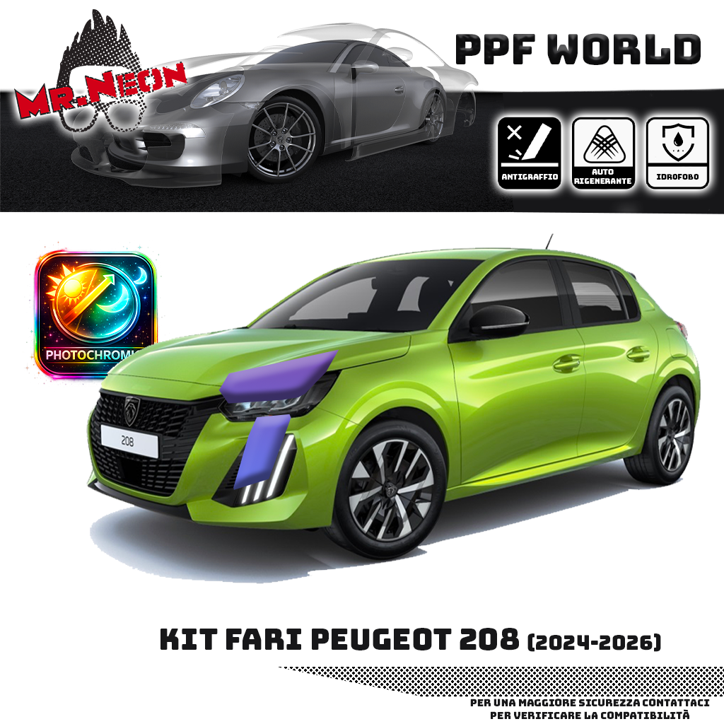 Kit Pellicola Protettiva Fari Peugeot 208 2024-2026 – PPF Trasparente o Fotocromatico Pretagliato