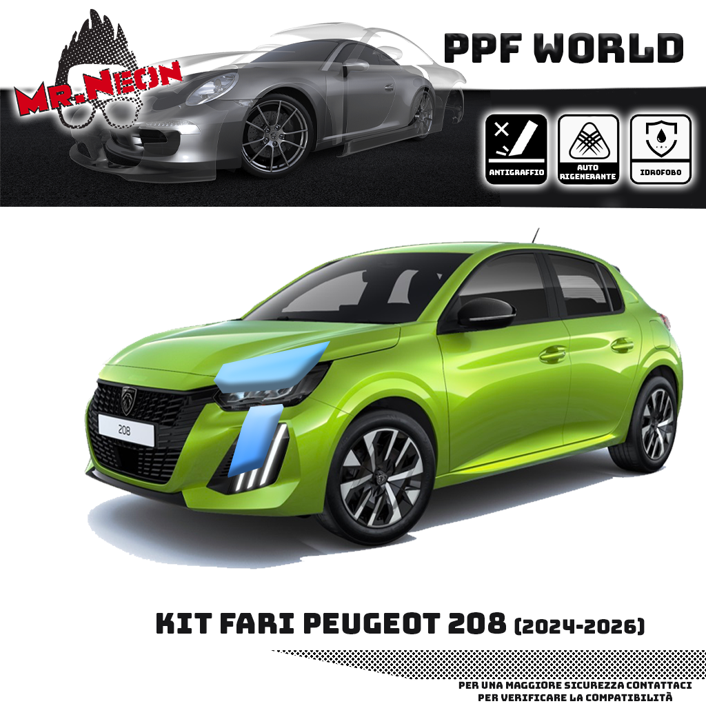 Kit Pellicola Protettiva Fari Peugeot 208 2024-2026 – PPF Trasparente o Fotocromatico Pretagliato
