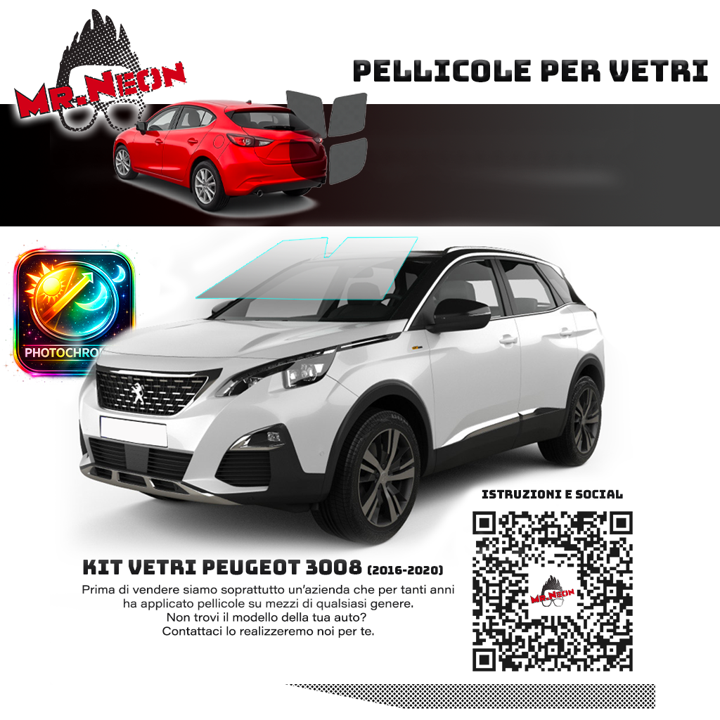 Pellicola Fotocromatica Parabrezza Peugeot 3008 2016-2020 – PPF Interno Pretagliato