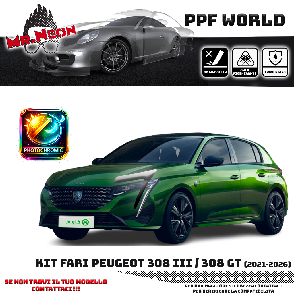 Kit Pellicola Protettiva Fari Peugeot 308 III / 308 GT (2021–oggi) – PPF Trasparente o Fotocromatico Pretagliato