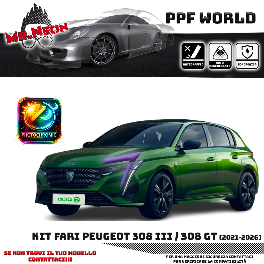 Kit Pellicola Protettiva Fari Peugeot 308 III / 308 GT (2021–oggi) – PPF Trasparente o Fotocromatico Pretagliato