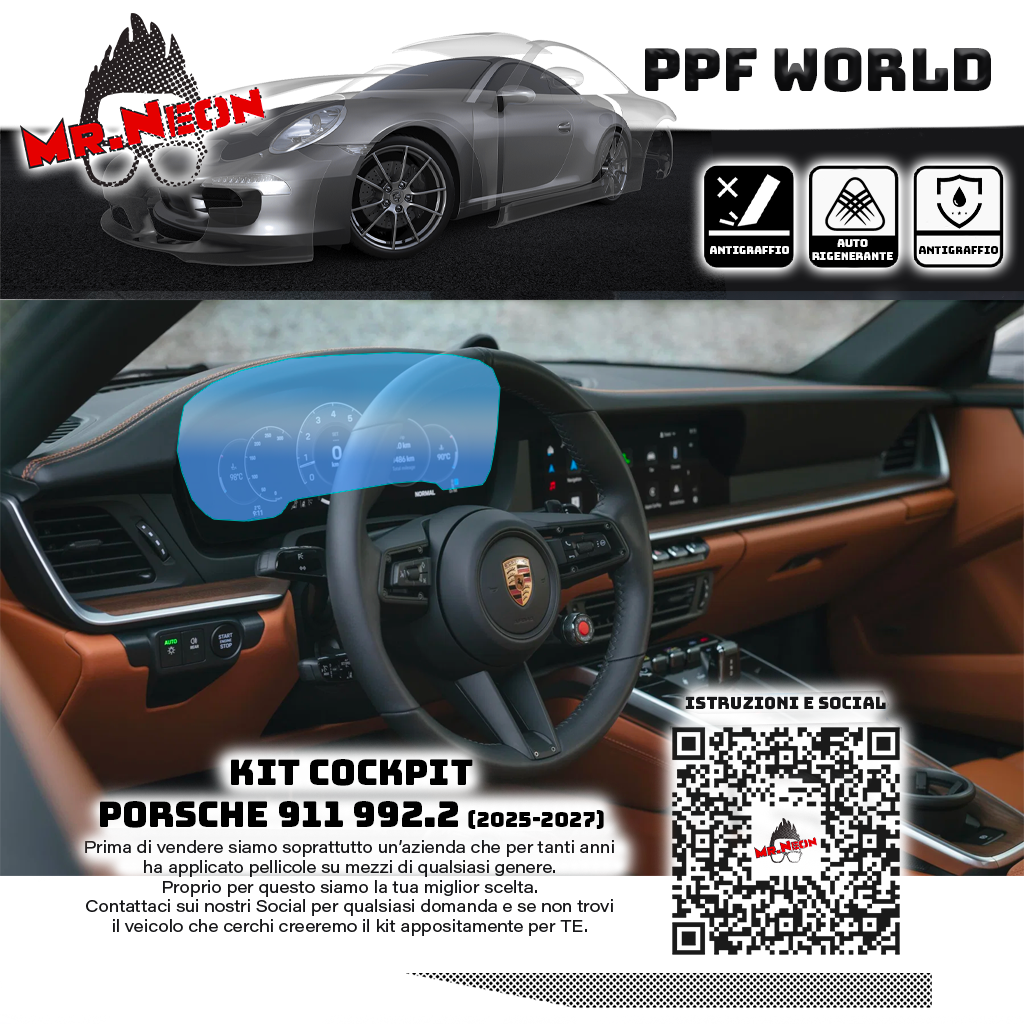 Kit Pellicola Protettiva Cockpit Porsche 911 992.2 2025-2026 – PPF Lucido o Opaco Pretagliato