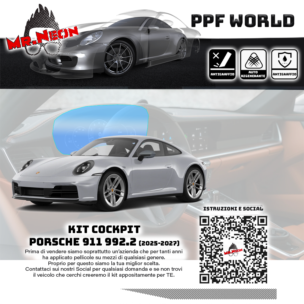 Kit Pellicola Protettiva Cockpit Porsche 911 992.2 2025-2026 – PPF Lucido o Opaco Pretagliato