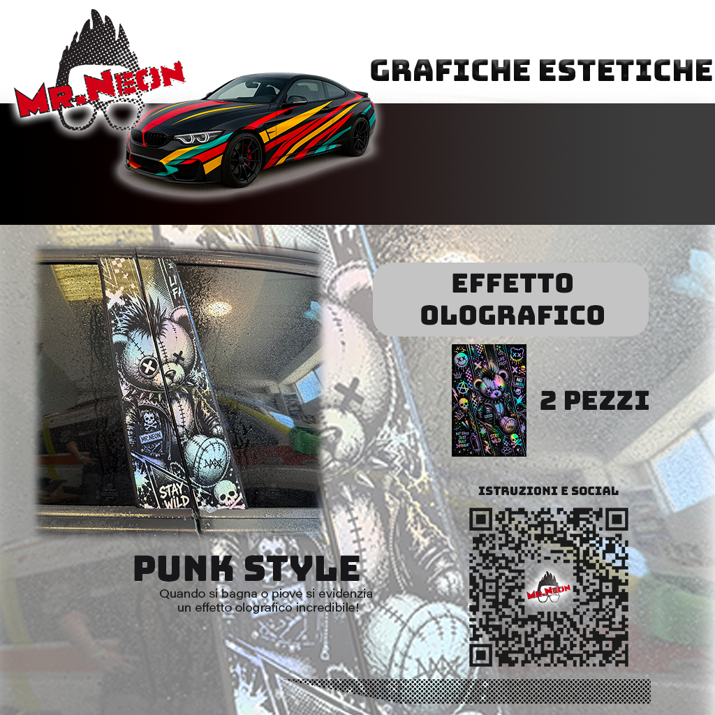 Kit Montanti Auto Grafica Orsetto Punk – Adesivi Laterali Stile Street Art