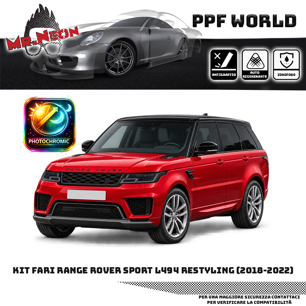 Range Rover Sport L494 Restyling 2018–2022 rosso — kit PPF fari anteriori, fotocromatico nero