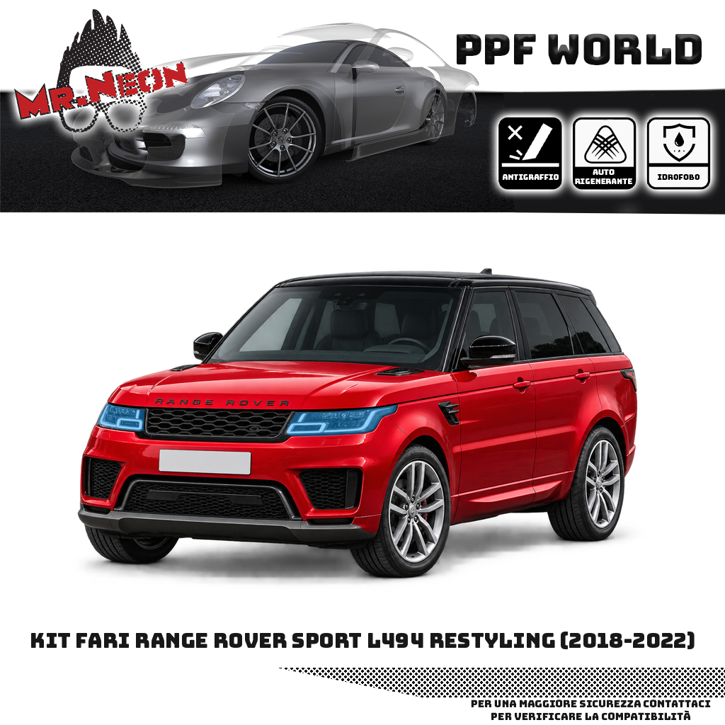 Range Rover Sport L494 Restyling 2018–2022 rosso — kit PPF fari anteriori, trasparente con area protetta evidenziata in azzurro