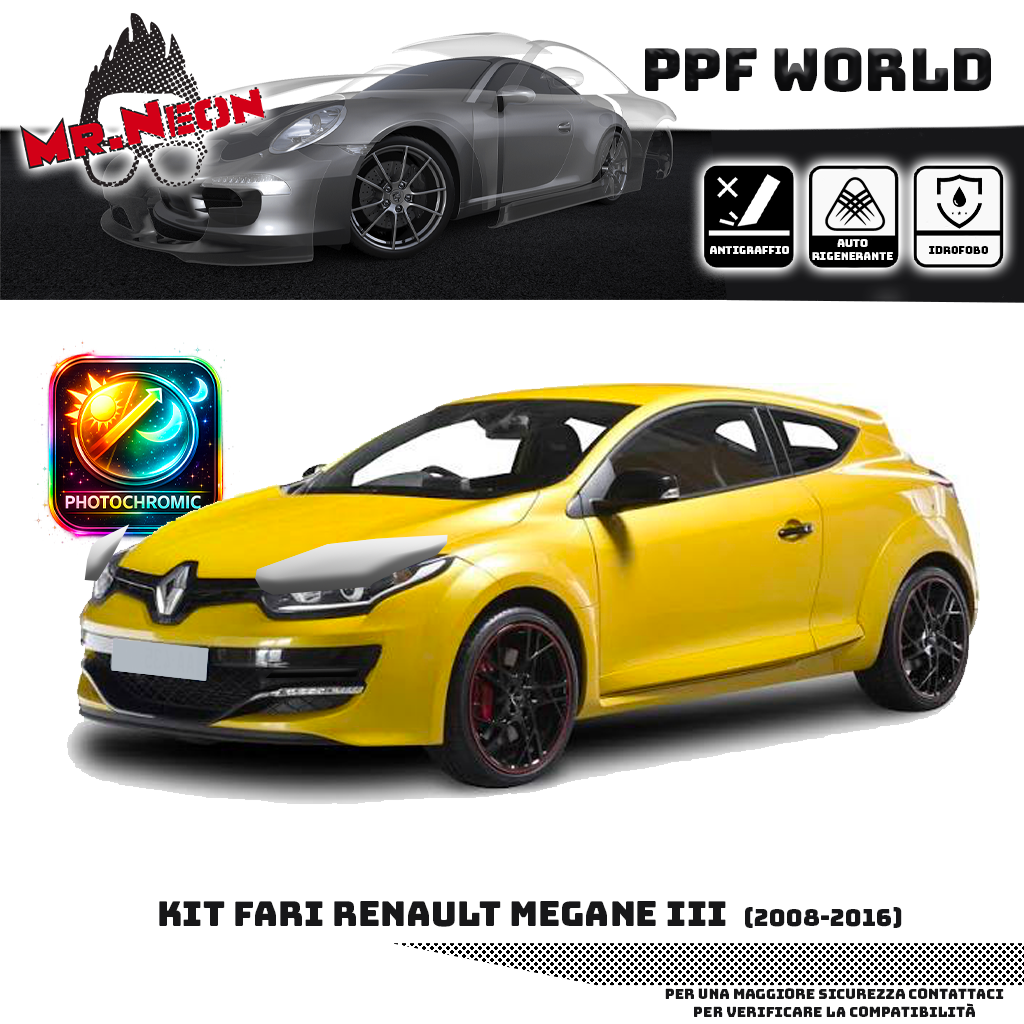 Kit Pellicola Protettiva Fari Renault Mégane 3 2008-2016 – PPF Trasparente o Fotocromatico Pretagliato