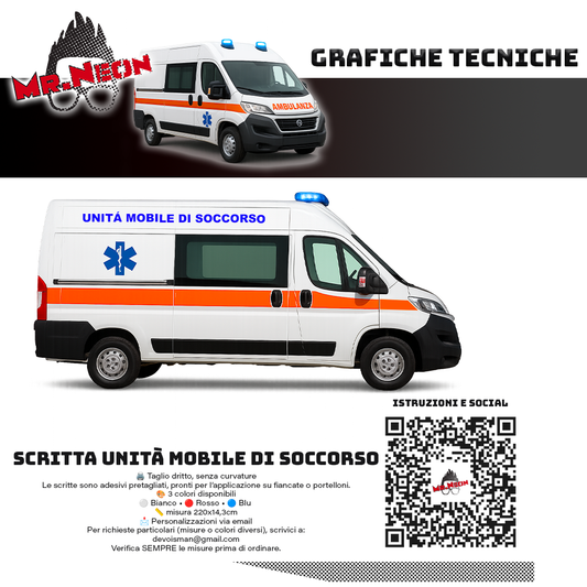 Scritta UNITÀ MOBILE DI SOCCORSO per Ambulanze e Mezzi di Soccorso – 220 × 14,3 cm – Oracal 651