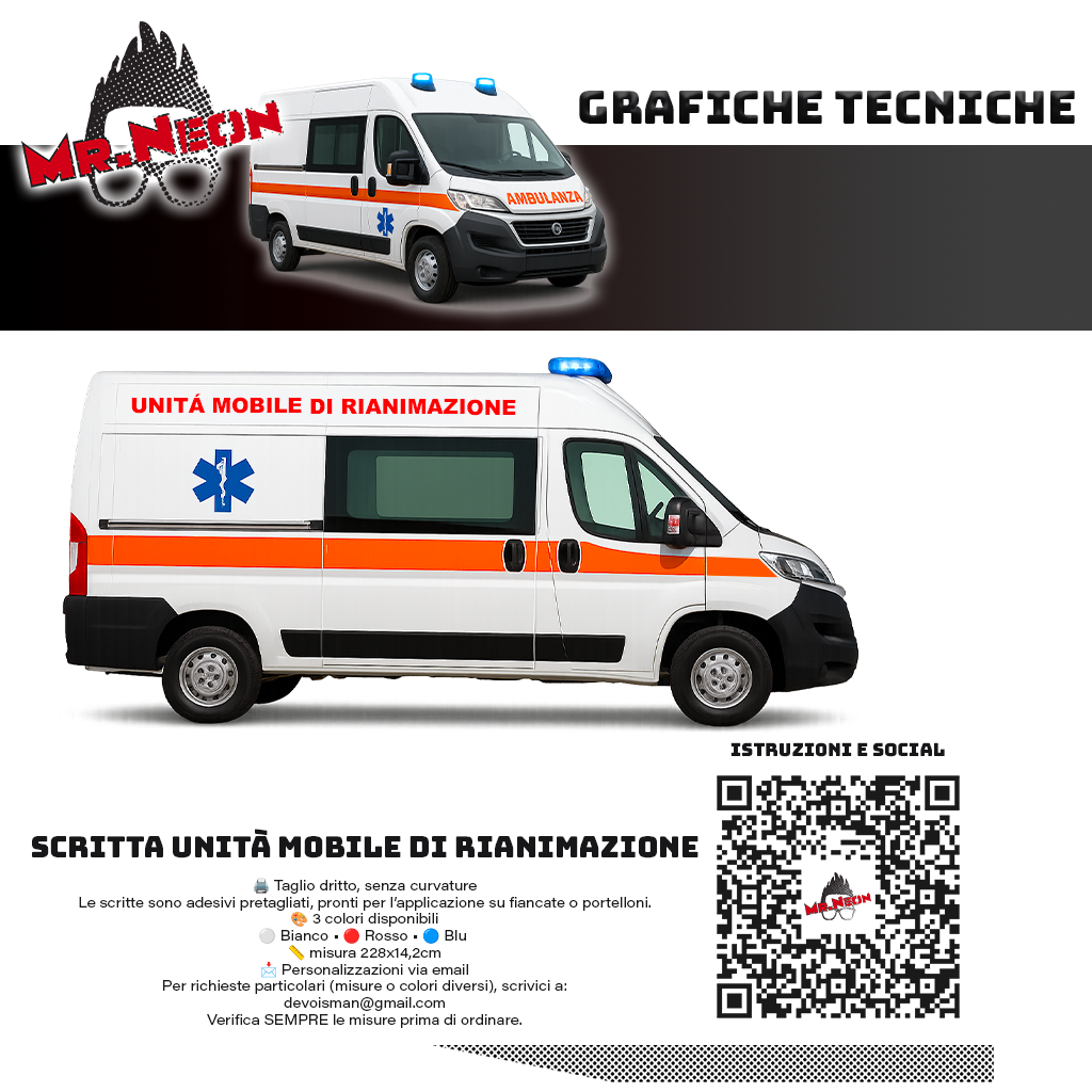 Scritta UNITÀ MOBILE DI RIANIMAZIONE per Ambulanze e Mezzi di Soccorso – 228 × 14,2 cm – Oracal 651