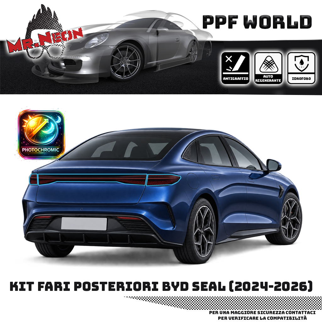 Kit PPF fari posteriori BYD Seal 2024-2026 — Fotocromatico trasparente → nero, contorno celeste indicativo