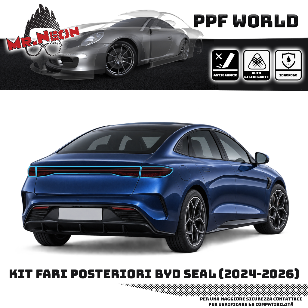 Kit PPF fari posteriori BYD Seal 2024-2026 — Fumé scuro, contorno celeste indicativo