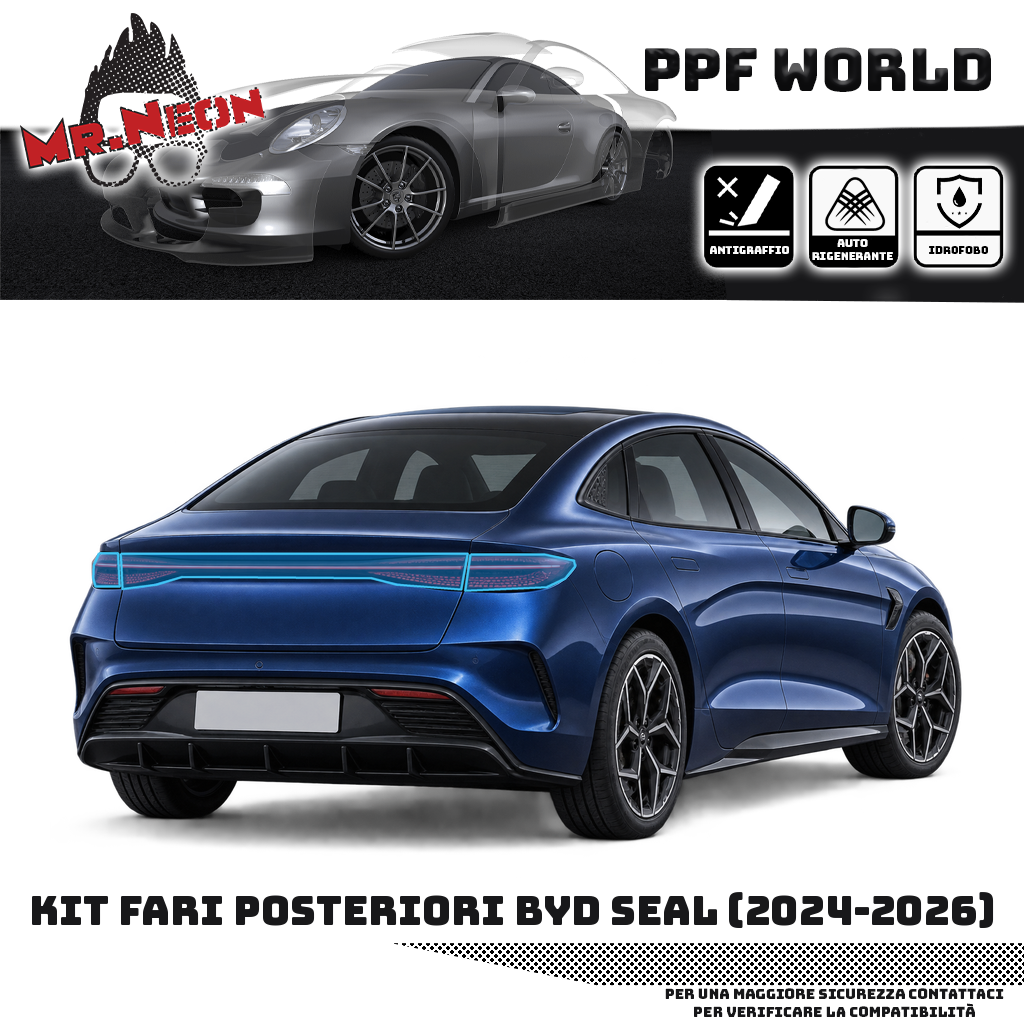 Kit PPF fari posteriori BYD Seal 2024-2026 — Trasparente, contorno celeste indicativo