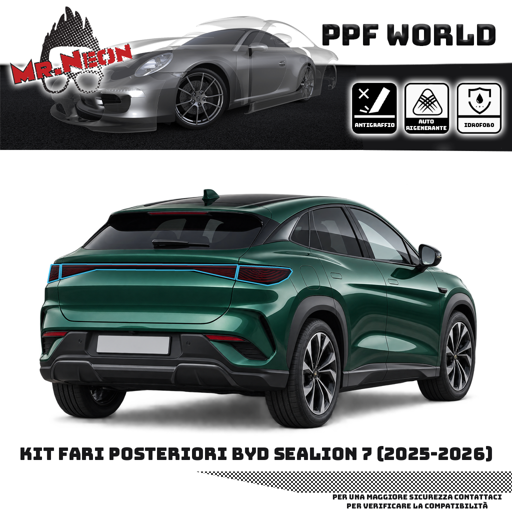 Kit PPF fari posteriori BYD Sealion 7 2025-2026 — Fumé scuro, contorno celeste indicativo