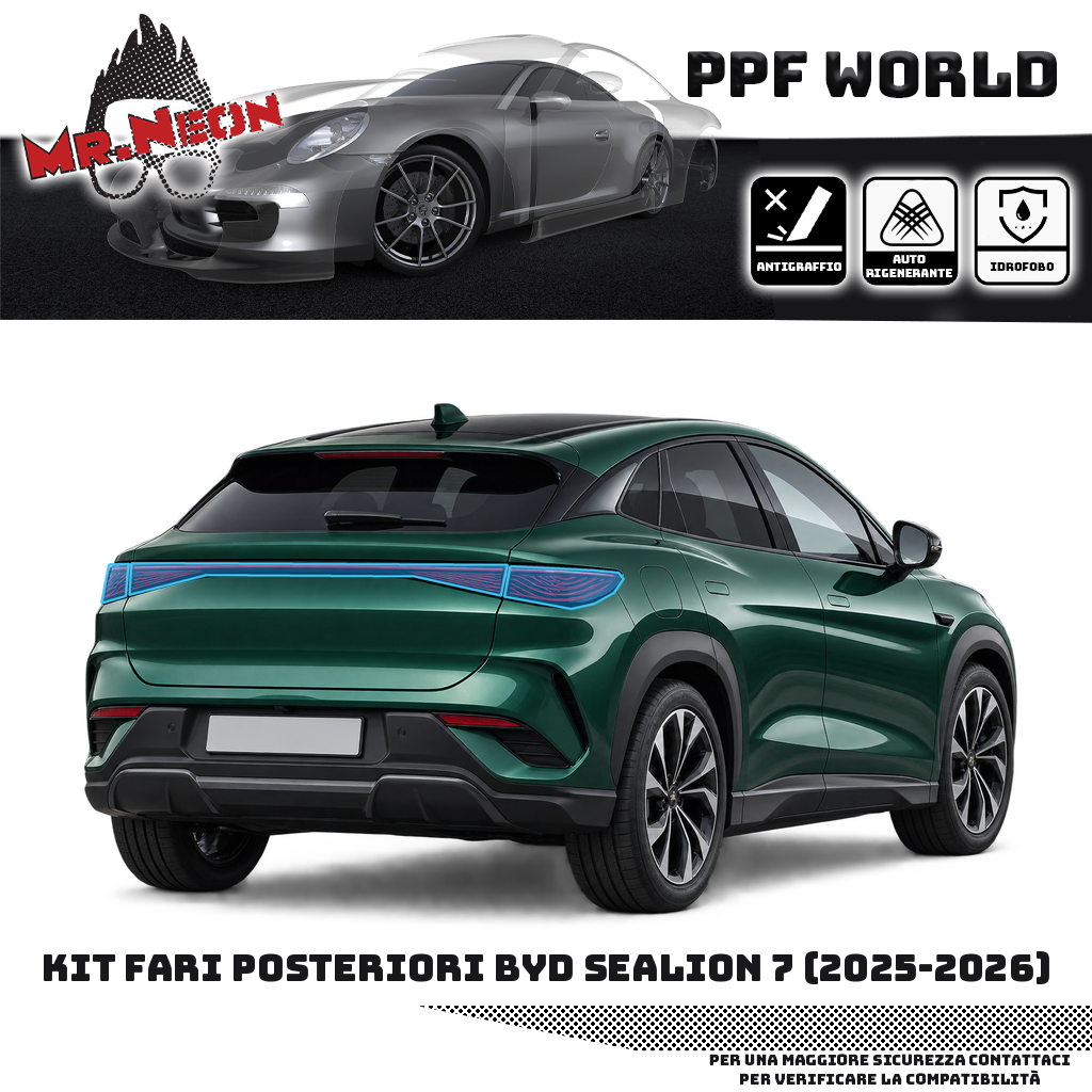 Kit PPF fari posteriori BYD Sealion 7 2025-2026 — Trasparente, contorno celeste indicativo