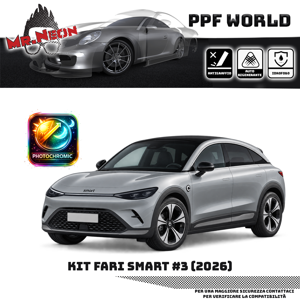 Kit fari smart #3 2024–2025 — PPF fotocromatico nero — due fari anteriori e fascia centrale