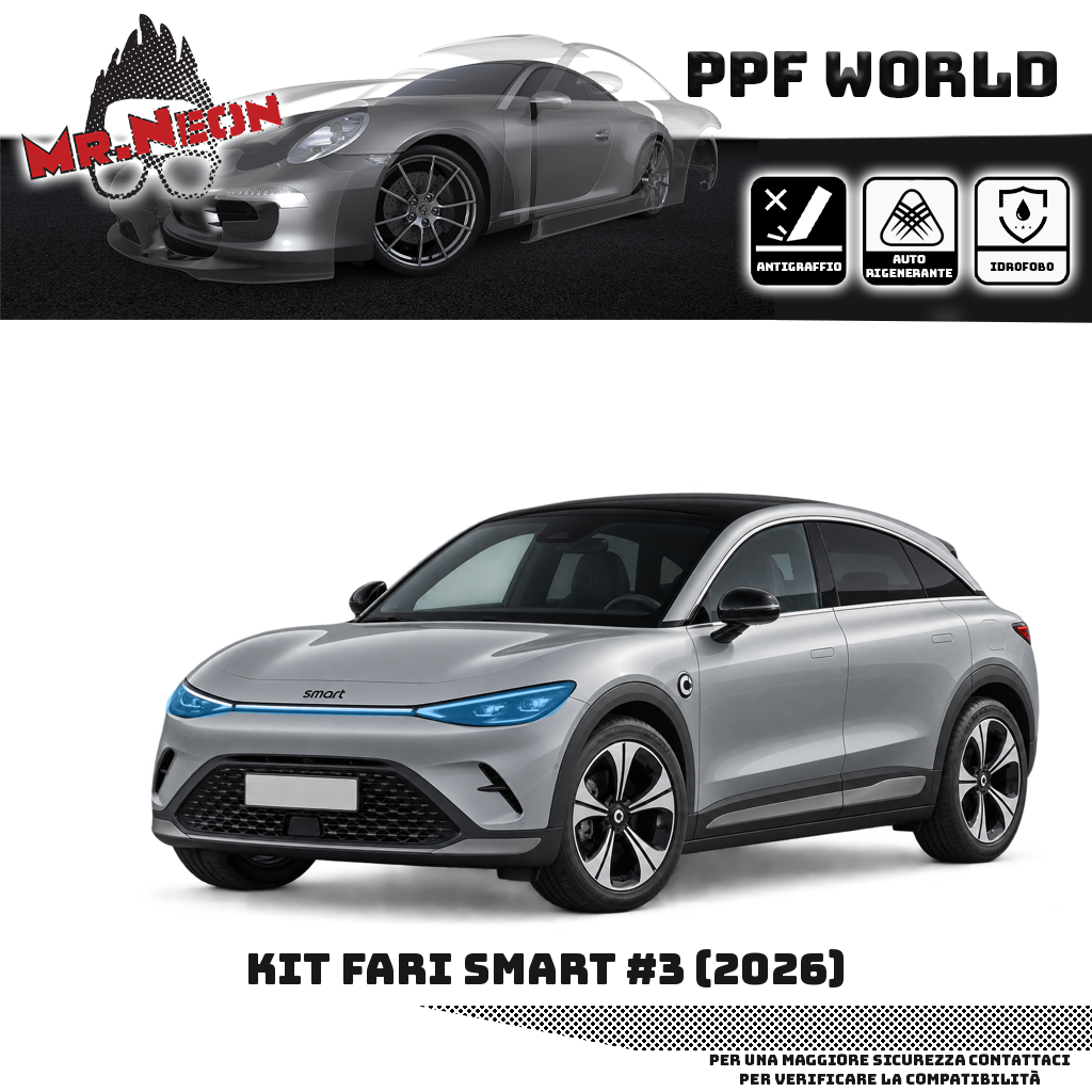Kit fari smart #3 2024–2025 — PPF trasparente — due fari anteriori e fascia centrale