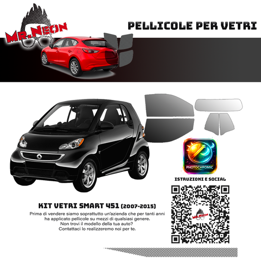 Kit Pellicole Fotocromatiche Vetri Completo Smart 451 (2007–2015) – Oscuramento Automatico Pretagliato