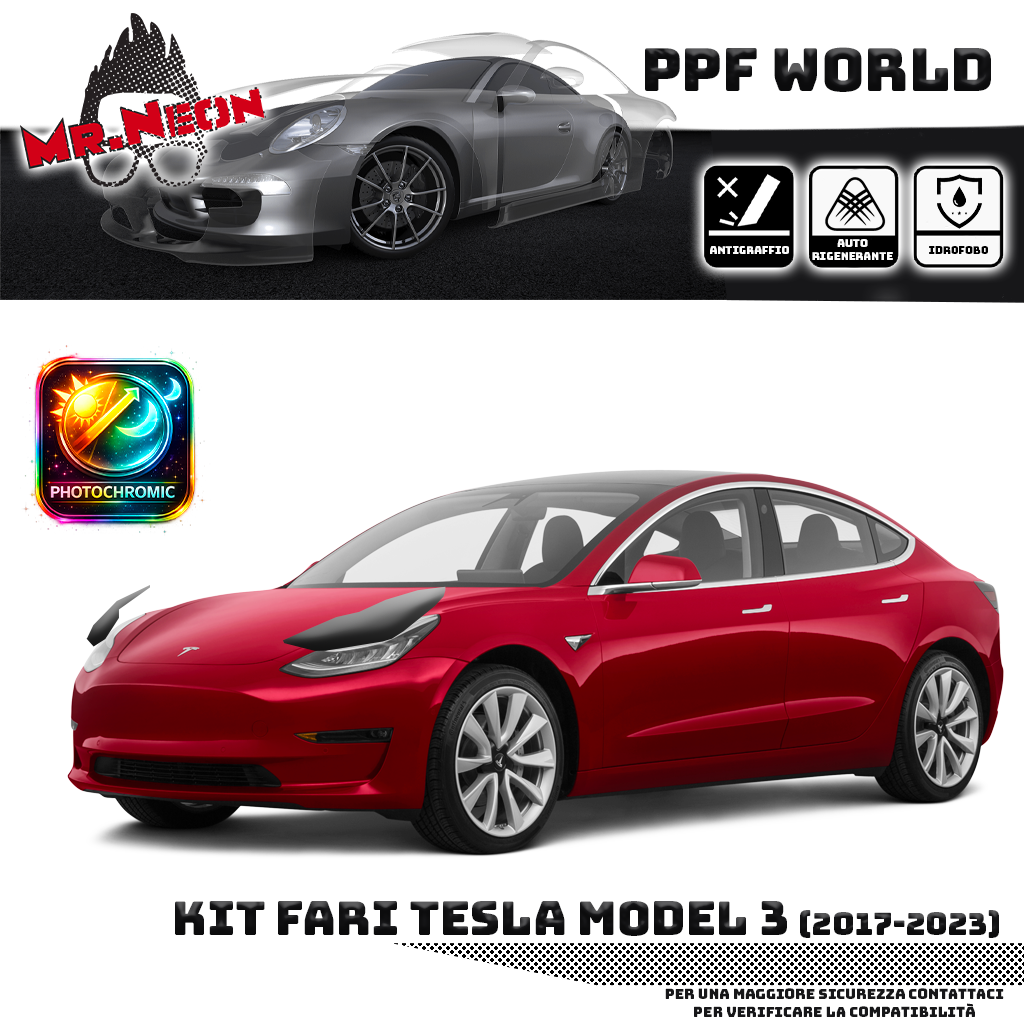 Pellicola Protettiva Fari Tesla Model 3 2017-2023 – Kit PPF Pretagliato Trasparente o Fotocromatico