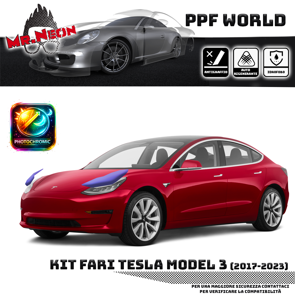 Pellicola Protettiva Fari Tesla Model 3 2017-2023 – Kit PPF Pretagliato Trasparente o Fotocromatico