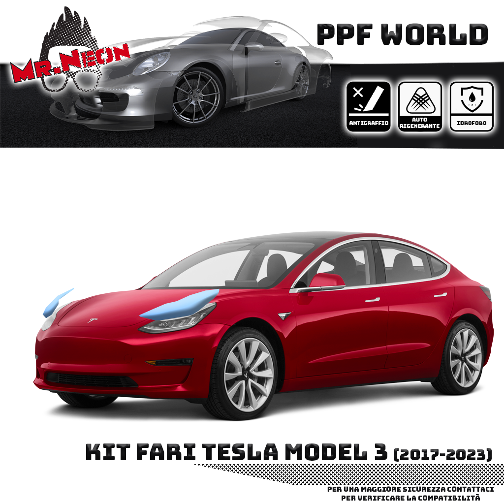 Pellicola Protettiva Fari Tesla Model 3 2017-2023 – Kit PPF Pretagliato Trasparente o Fotocromatico