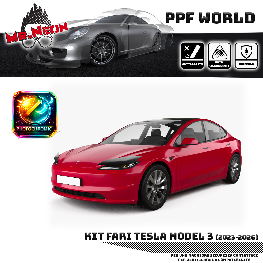 Kit Pellicola Protettiva Fari Tesla Model 3 2023-2026 – PPF Trasparente o Fotocromatico Pretagliato