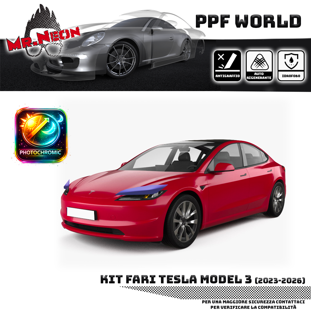 Kit Pellicola Protettiva Fari Tesla Model 3 2023-2026 – PPF Trasparente o Fotocromatico Pretagliato