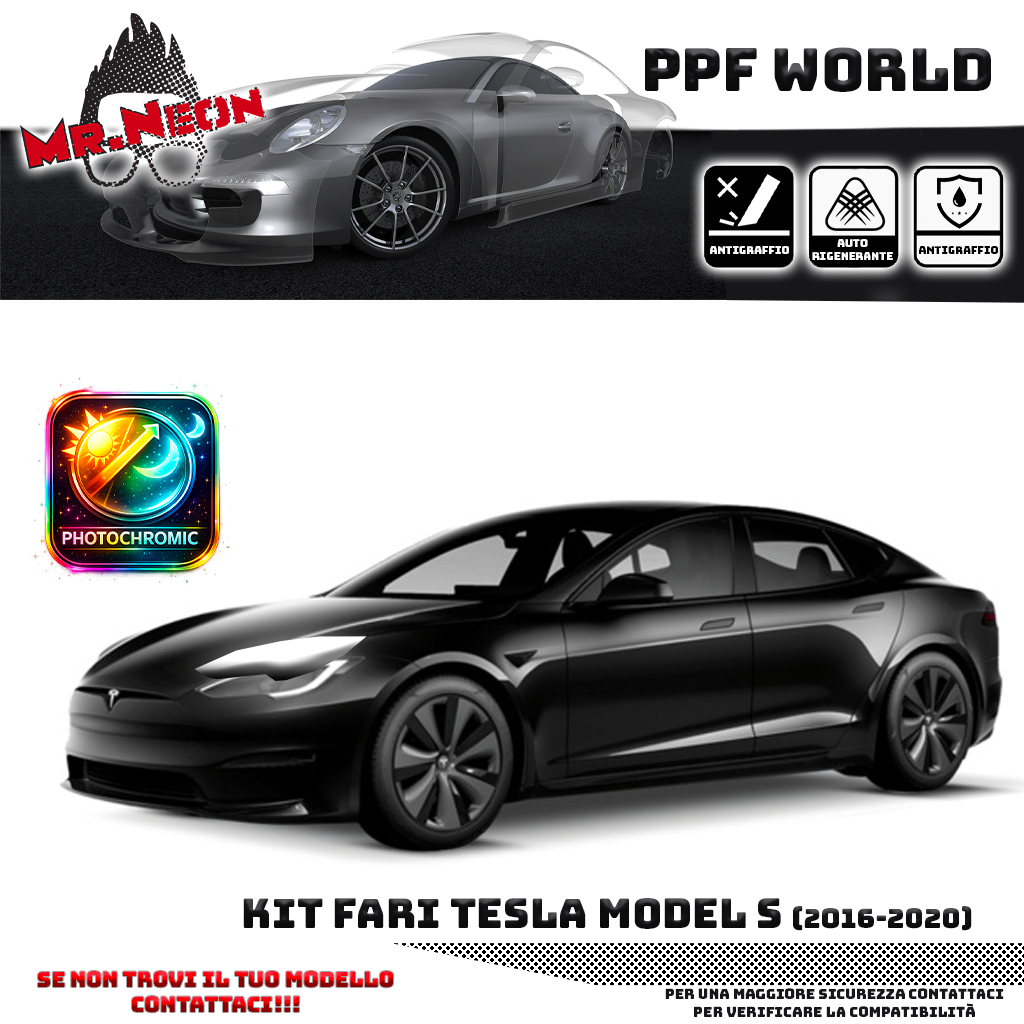 Kit Pellicola Protettiva Fari Tesla Model S (2016–2020) – PPF Trasparente o Fotocromatico Pretagliato