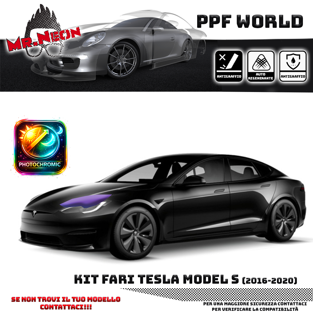 Kit Pellicola Protettiva Fari Tesla Model S (2016–2020) – PPF Trasparente o Fotocromatico Pretagliato