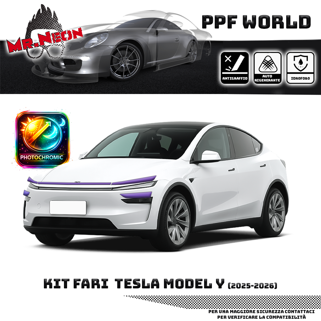 Kit Pellicola Protettiva Fari Tesla Model Y 2025-2026 – PPF Trasparente o Fotocromatico Pretagliato