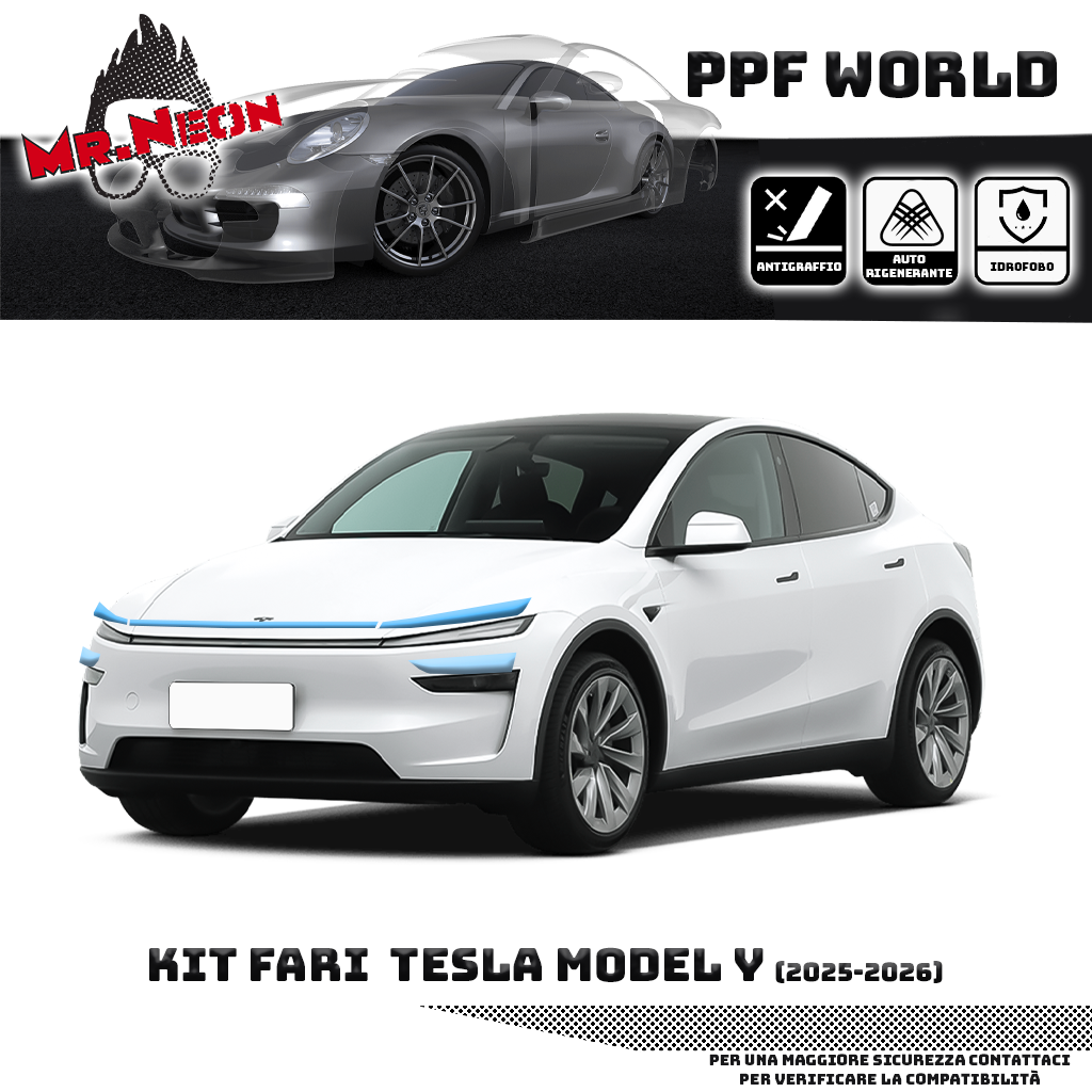 Kit Pellicola Protettiva Fari Tesla Model Y 2025-2026 – PPF Trasparente o Fotocromatico Pretagliato