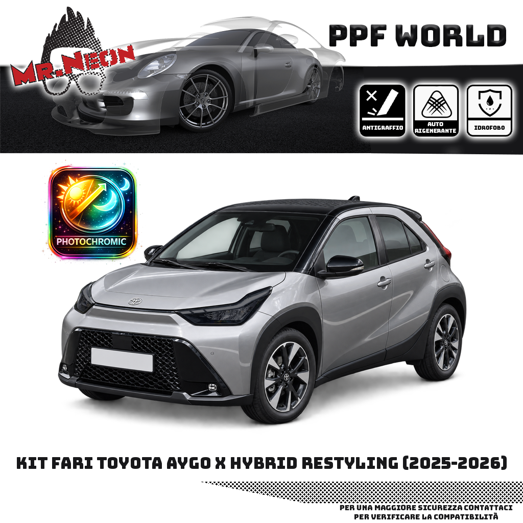 Kit PPF fari anteriori Toyota Aygo X Hybrid Restyling 2025–2026 — fotocromatico nero