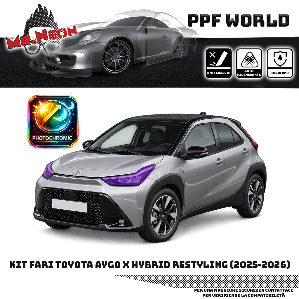 Kit PPF fari anteriori Toyota Aygo X Hybrid Restyling 2025–2026 — fotocromatico viola