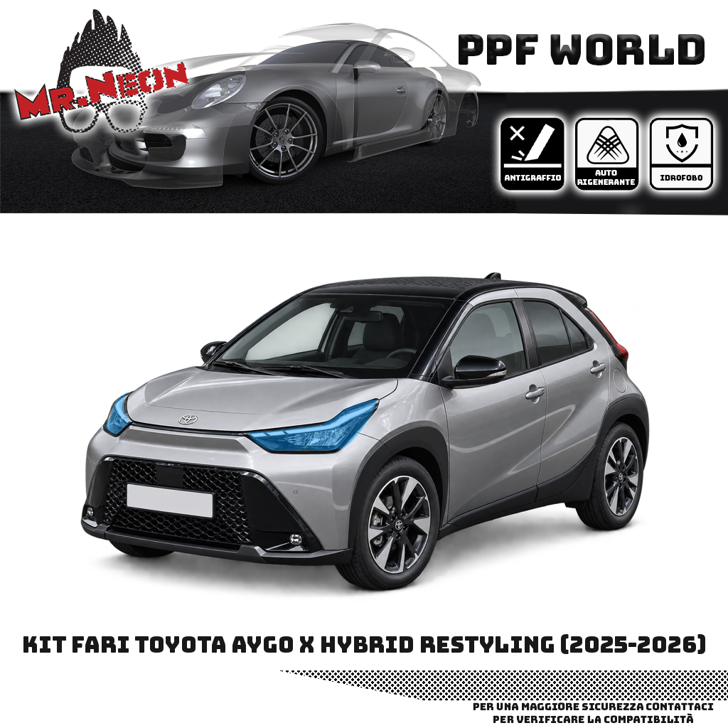 Kit PPF fari anteriori Toyota Aygo X Hybrid Restyling 2025–2026 — trasparente, area del kit evidenziata in azzurro