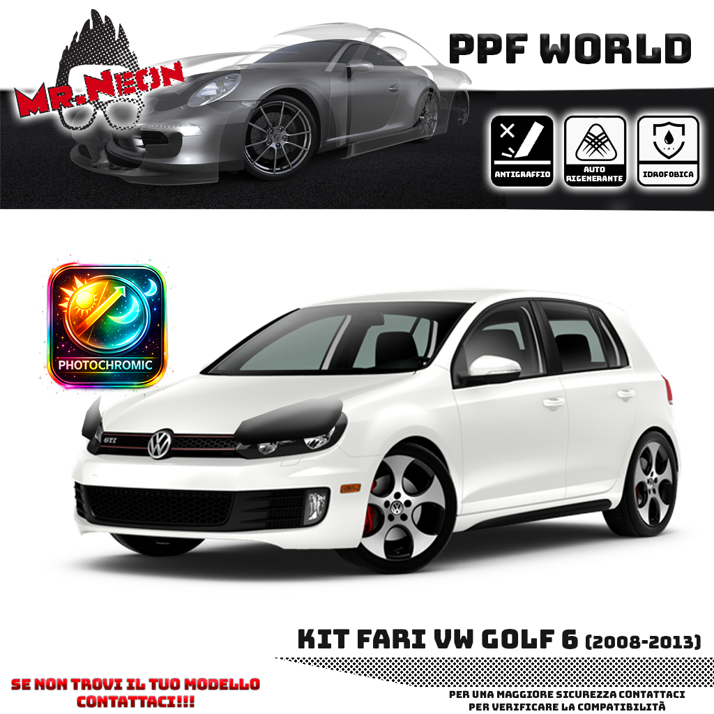 Kit Pellicola Protettiva Fari VW Golf 6 (2008–2013) – PPF Trasparente o Fotocromatico Pretagliato