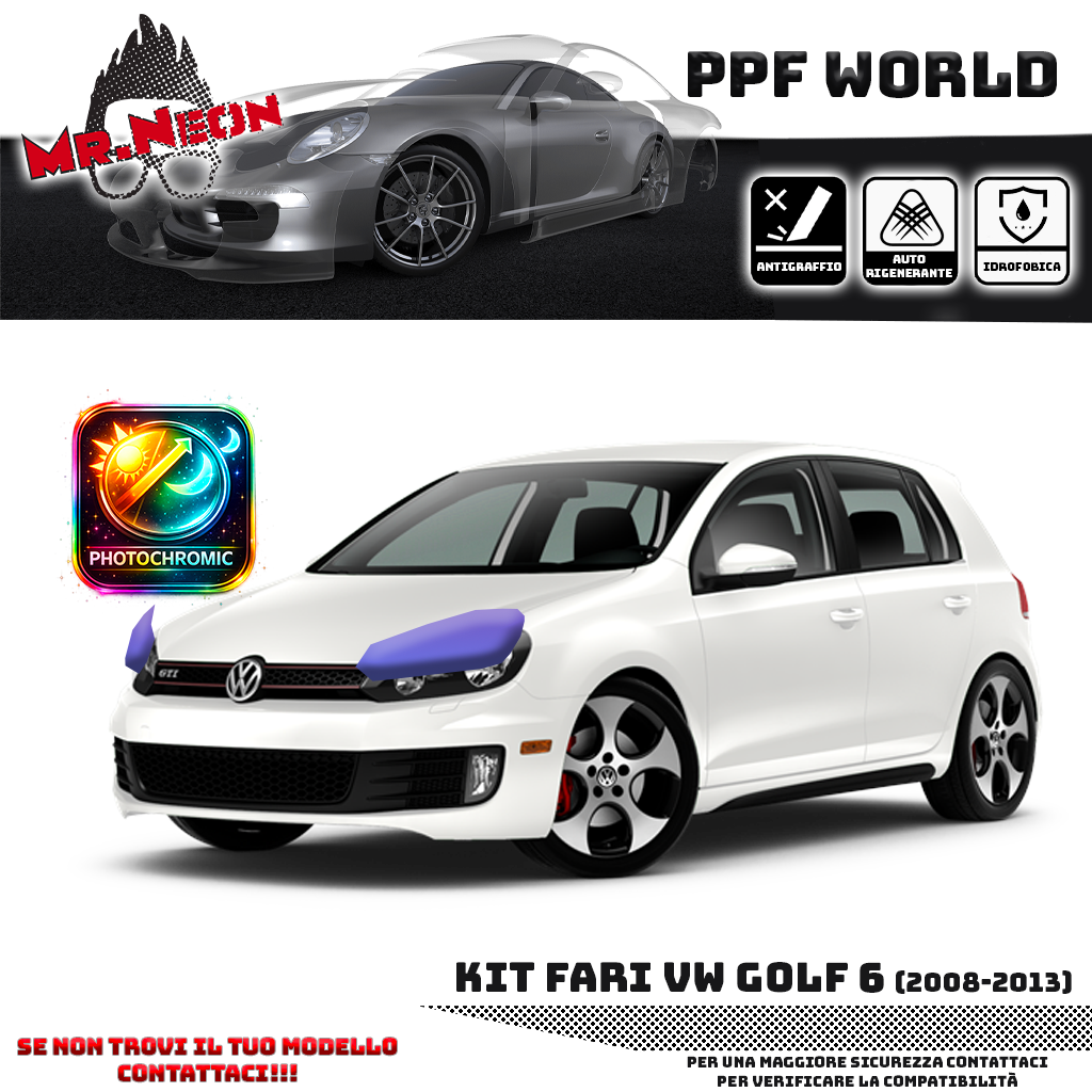 Kit Pellicola Protettiva Fari VW Golf 6 (2008–2013) – PPF Trasparente o Fotocromatico Pretagliato