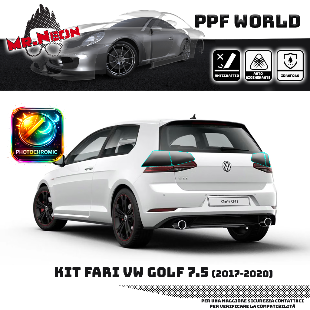 Kit PPF Fari Posteriori Volkswagen Golf GTI 7.5 2017-2020 – Chiaro, Intermedio, Scuro o Fotocromatico Pretagliato