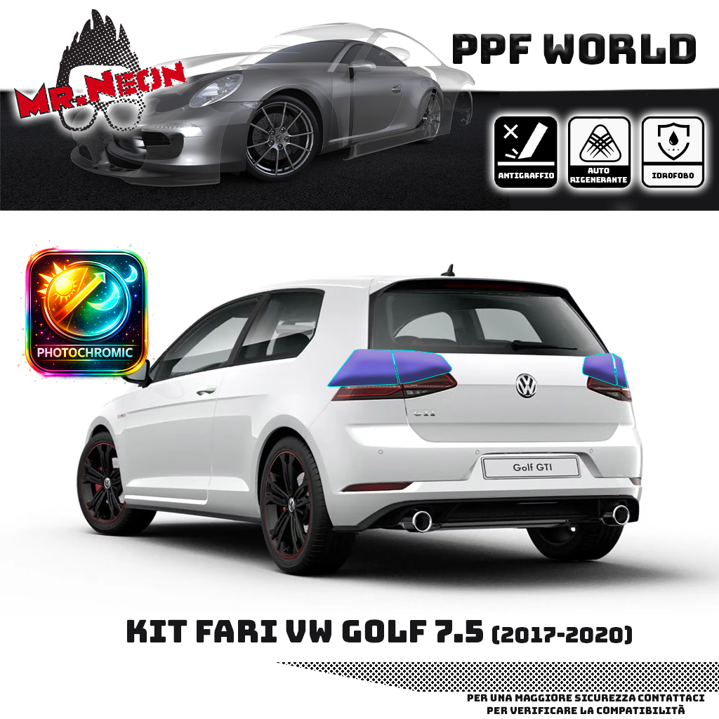 Kit PPF Fari Posteriori Volkswagen Golf GTI 7.5 2017-2020 – Chiaro, Intermedio, Scuro o Fotocromatico Pretagliato