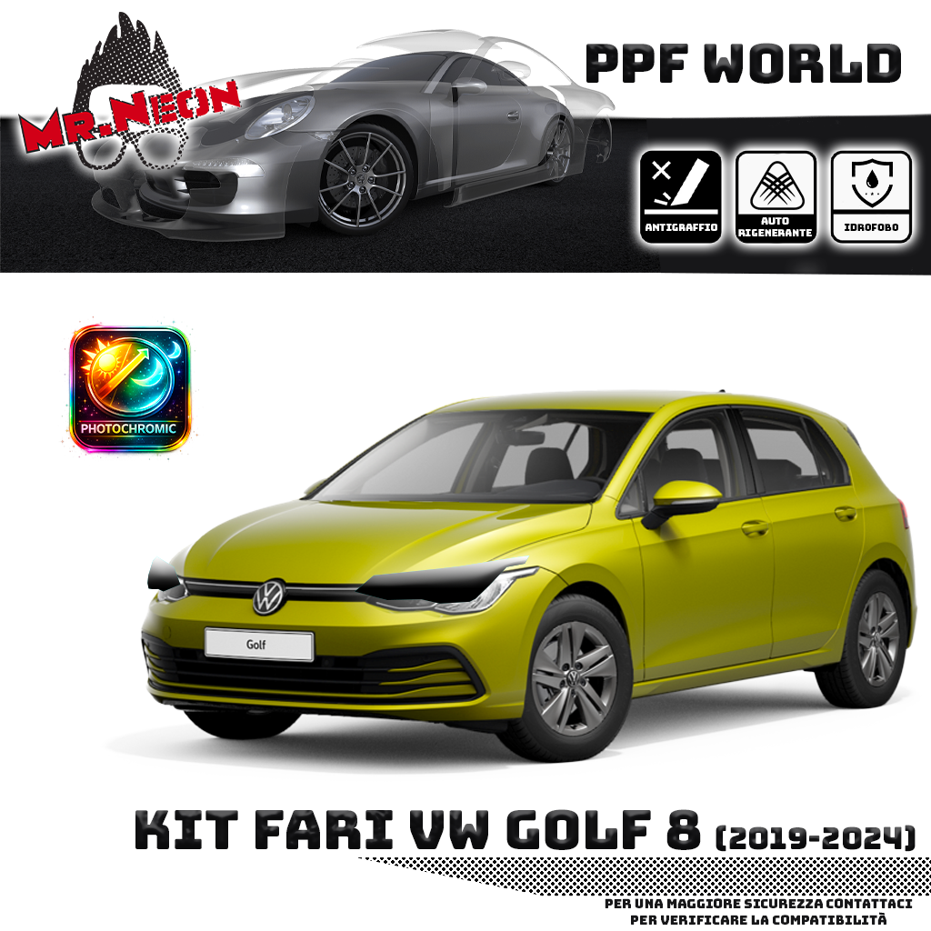 Kit Pellicola Protettiva Fari VW Golf 8 (2019–2023) – PPF Trasparente o Fotocromatico Pretagliato
