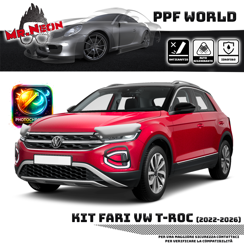 Kit Pellicola Protettiva Fari Volkswagen T-Roc 2022-2026 – PPF Trasparente o Fotocromatico Pretagliato