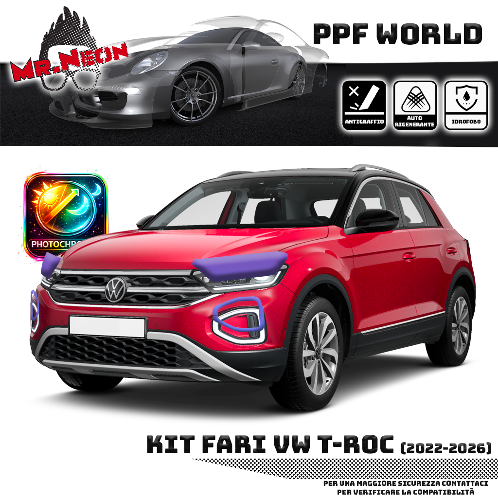 Kit Pellicola Protettiva Fari Volkswagen T-Roc 2022-2026 – PPF Trasparente o Fotocromatico Pretagliato