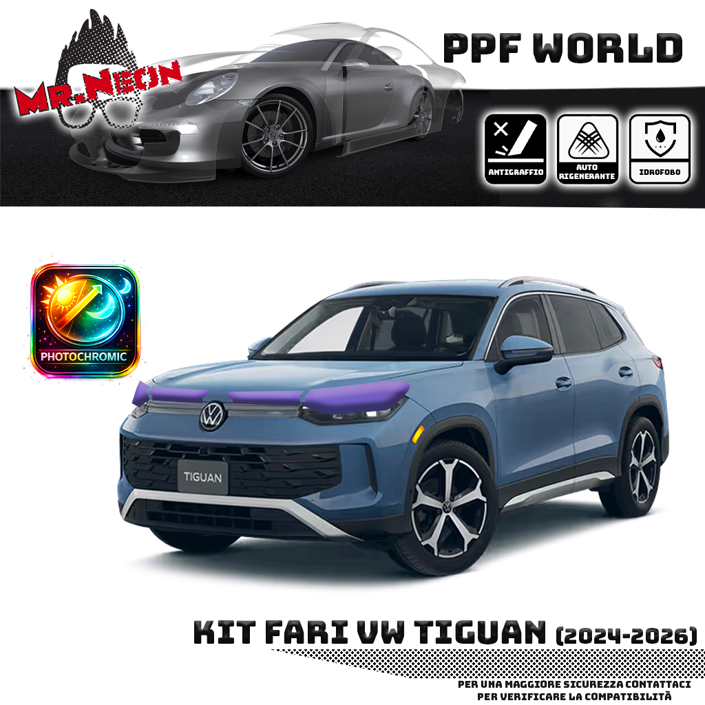Kit Pellicola Protettiva Fari VW Tiguan (2024–oggi) – PPF Trasparente o Fotocromatico Pretagliato