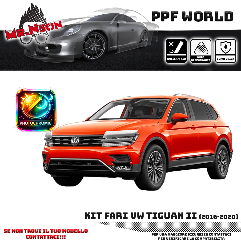 Kit Pellicola Protettiva Fari VW Tiguan II (2016–2020) – PPF Trasparente o Fotocromatico Pretagliato